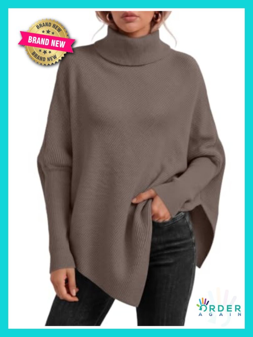 Oversized Turtleneck Batwing Sweater Poncho with Fitted Sleeves